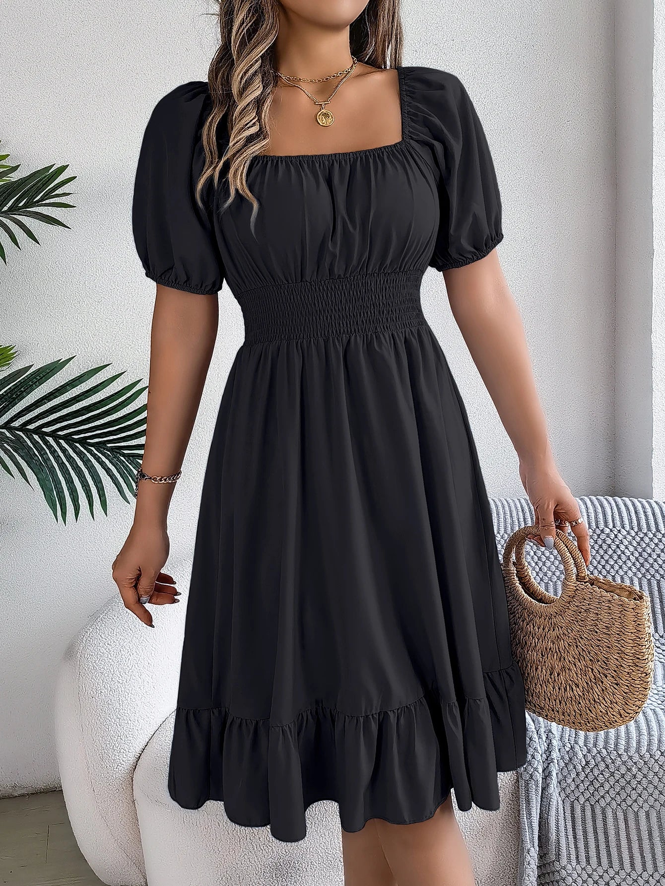 Spring and Summer Elegant High Waisted Dress Square Neck Short Sleeved Ruffled Edge Long Dresses for Women