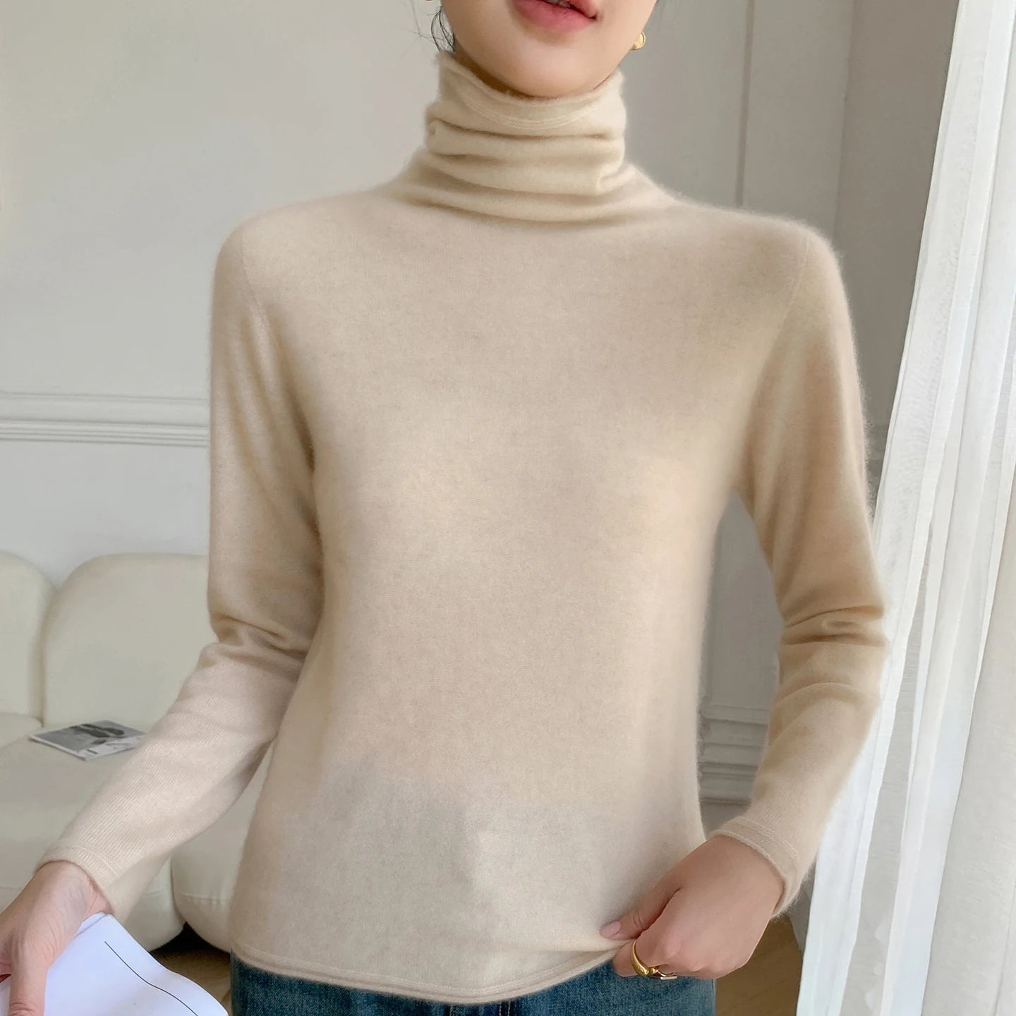 Autumn/Winter Women's 100% Pure Cashmere Sweater Casual Knit Pullover Turtleneck Slim Fit Tops Basic Pile Collar Jumper Female