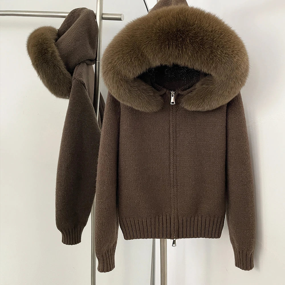 Knitwear Cardigan Women Spring Fashion Knitted Jacket Female Autumn Hooded Real Fox Fur Coat Natural Short Fur Coat Casual