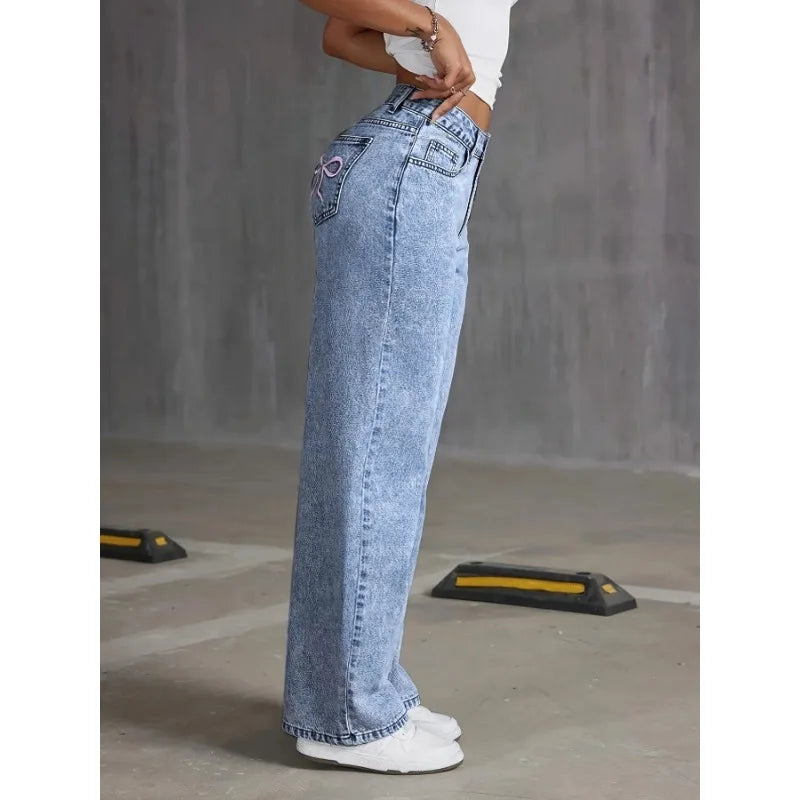 Women’s High-Waist Loose Ankle-Length Jeans with Bow Detail – Stretch Casual Denim Pants