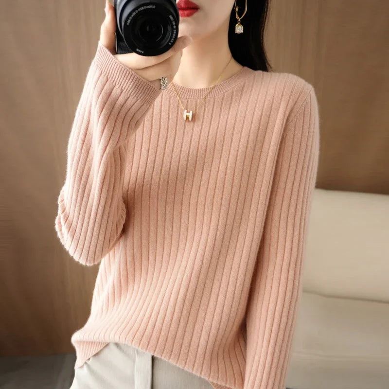 2026 Women Sweaters Autumn Winter Long Sleeve Pullovers O-neck Stripe Warm Pullover Korean Fashion Bottoming Shirts Loose Jumper