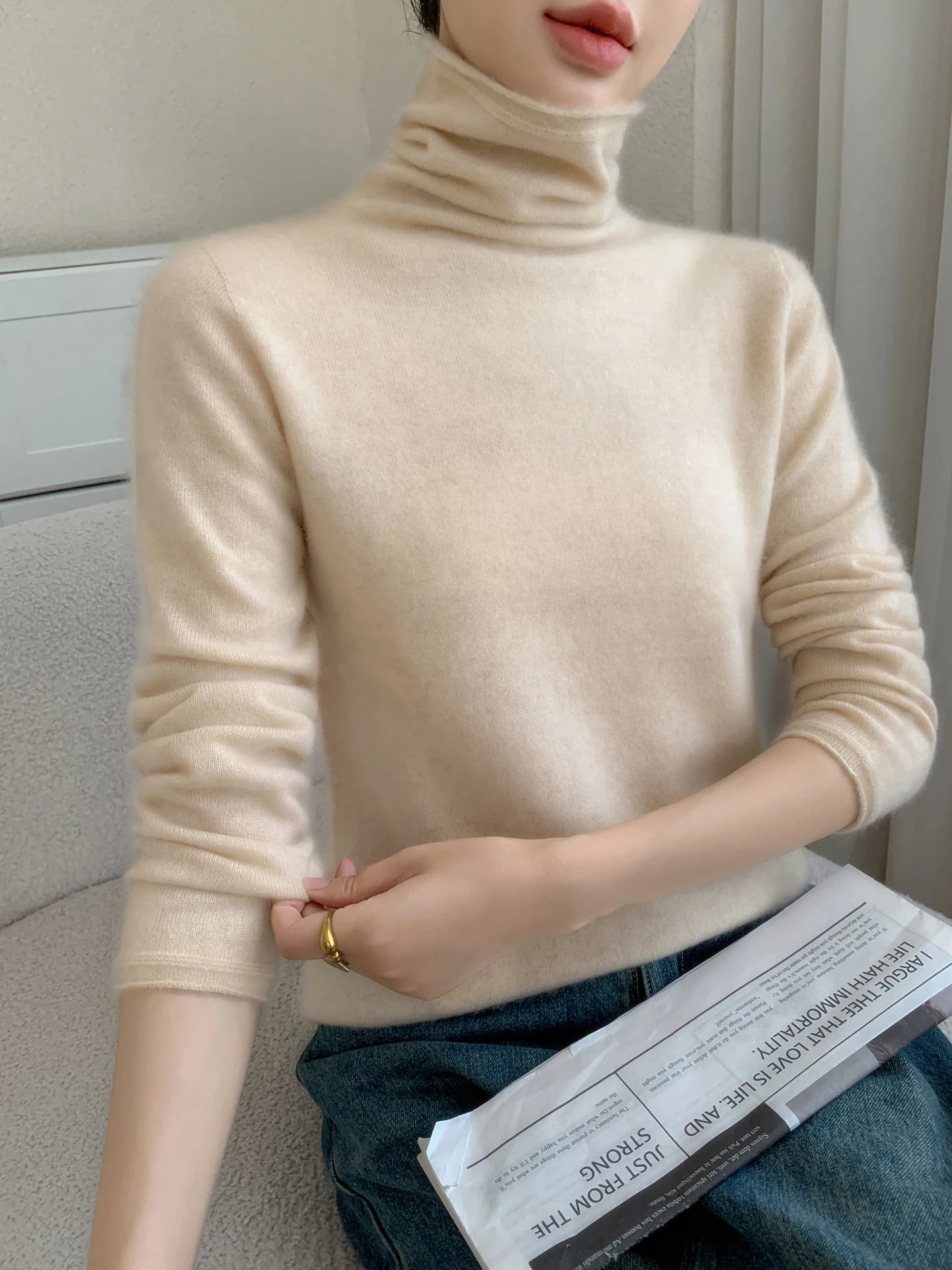 Autumn/Winter Women's 100% Pure Cashmere Sweater Casual Knit Pullover Turtleneck Slim Fit Tops Basic Pile Collar Jumper Female