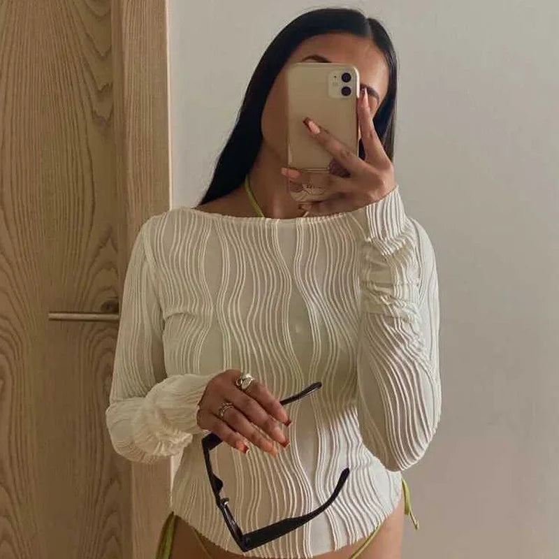 Woman Fashion Casual Ruched Long Sleeve T-shirt Blouses Female White Skinny Cropped Bottoming Shirt 2026 Autumn Y2K Top Clothes