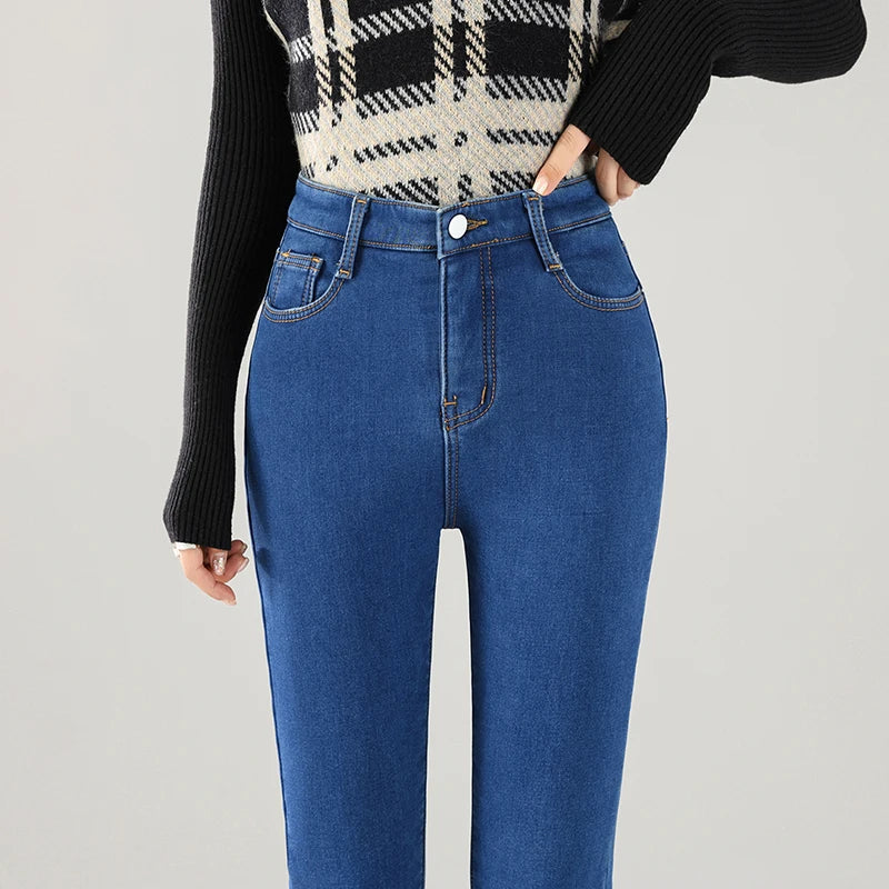 Women’s Mid-Waist Thick Skinny Jeans – Winter Stretch Pencil Denim Pants