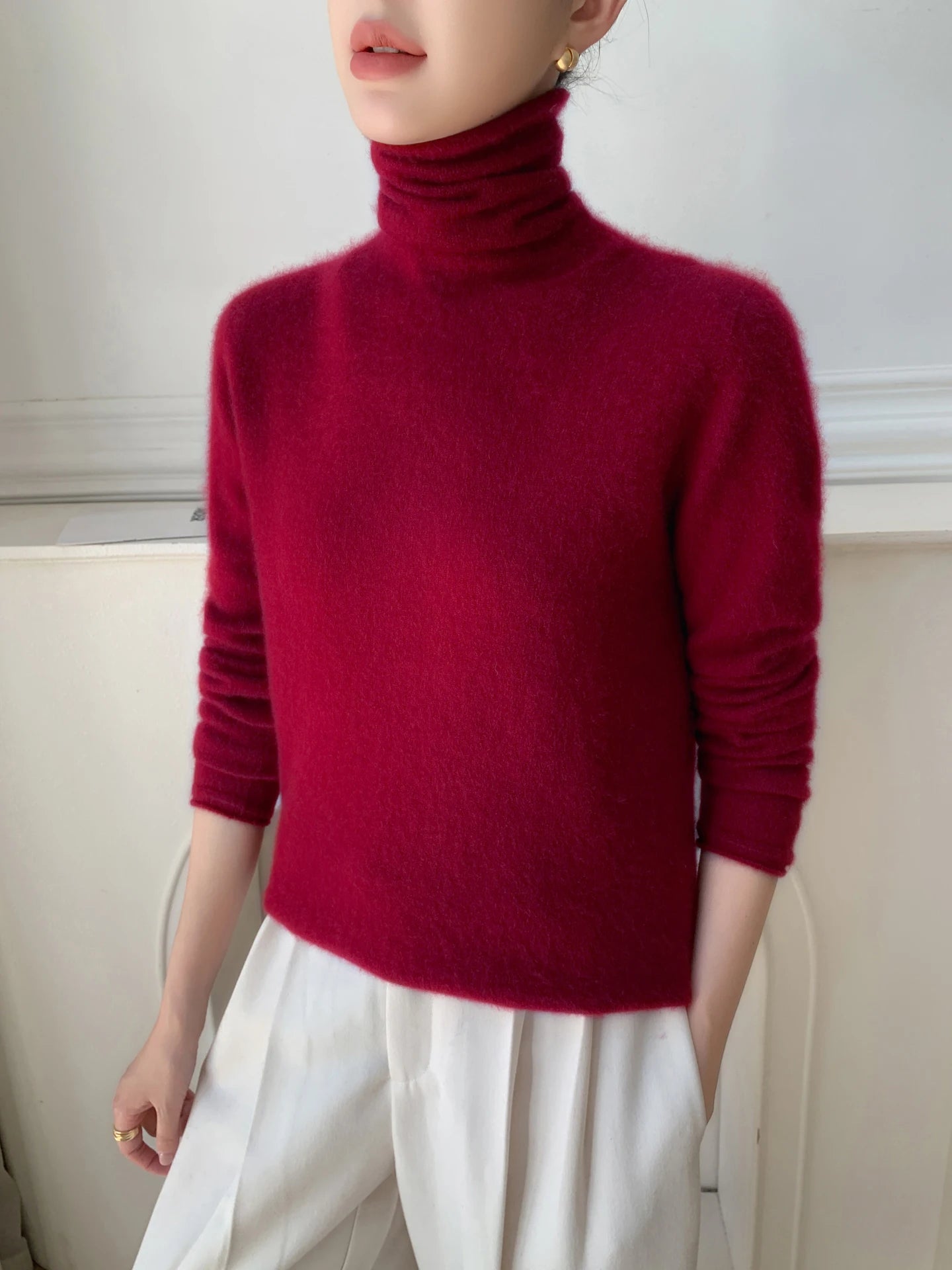 Autumn/Winter Women's 100% Pure Cashmere Sweater Casual Knit Pullover Turtleneck Slim Fit Tops Basic Pile Collar Jumper Female