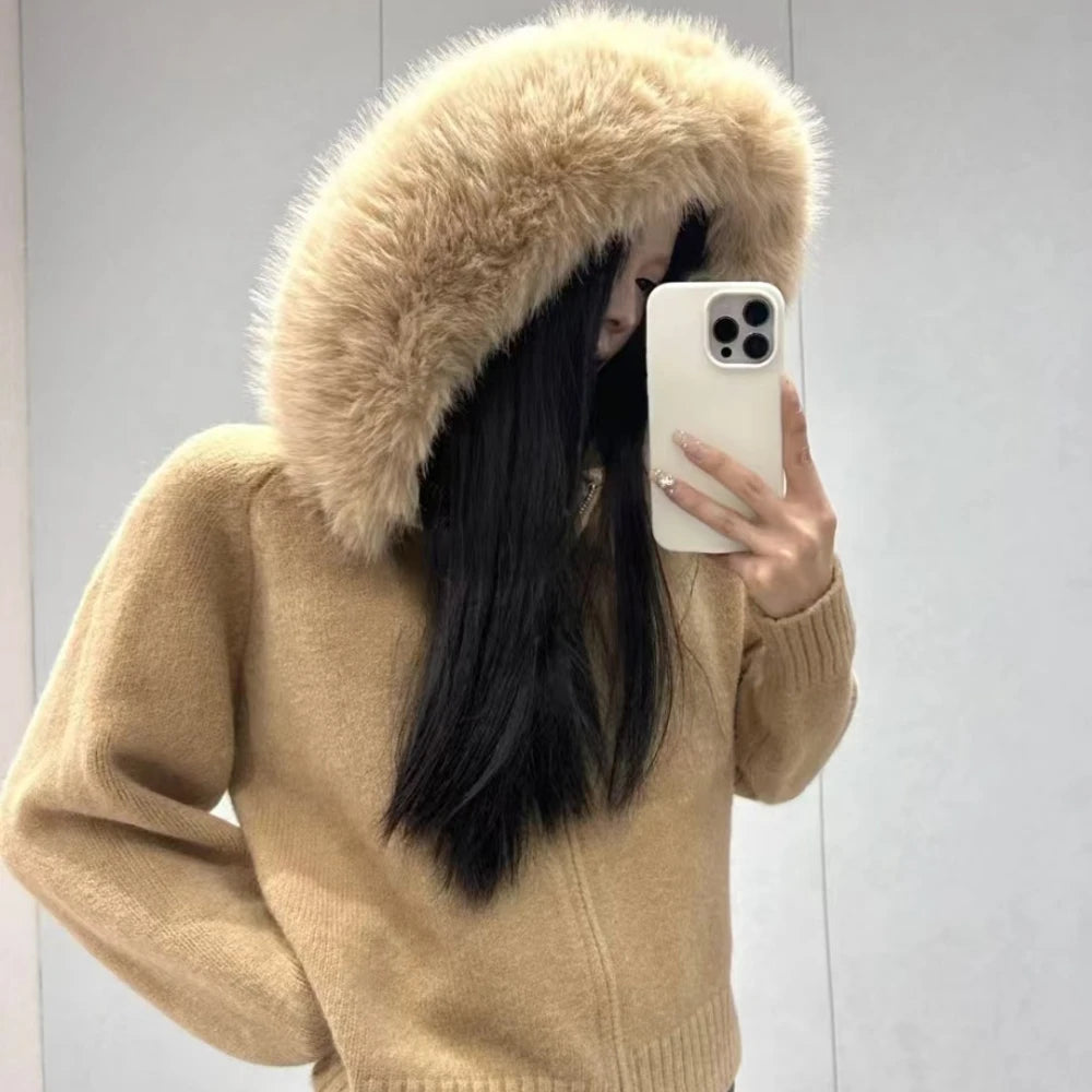 Knitwear Cardigan Women Spring Fashion Knitted Jacket Female Autumn Hooded Real Fox Fur Coat Natural Short Fur Coat Casual