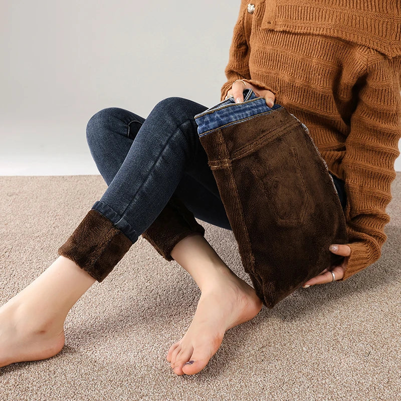 Women’s Mid-Waist Thick Skinny Jeans – Winter Stretch Pencil Denim Pants