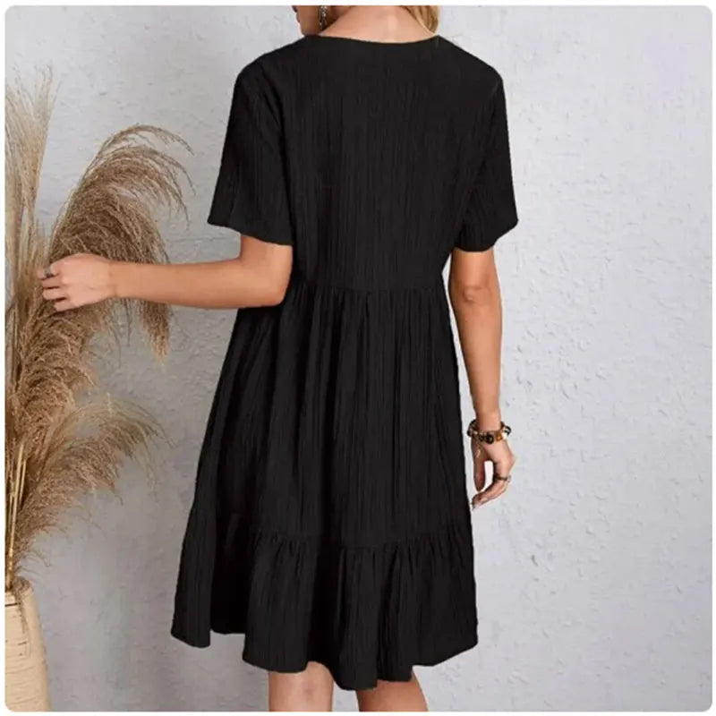 Mooyufon Summer Peplum Dress – V-Neck Short Sleeve Loose Fit Flare Dress