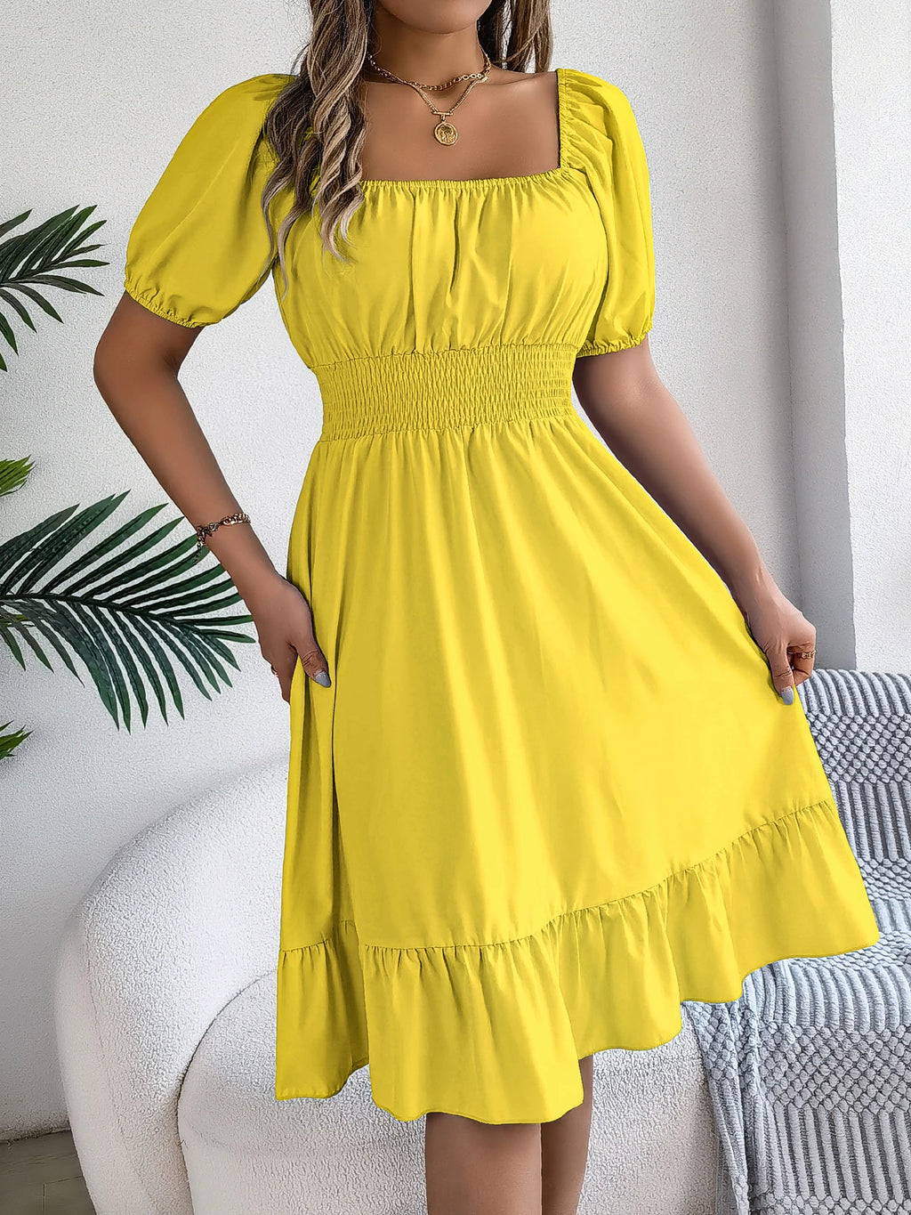 Spring and Summer Elegant High Waisted Dress Square Neck Short Sleeved Ruffled Edge Long Dresses for Women