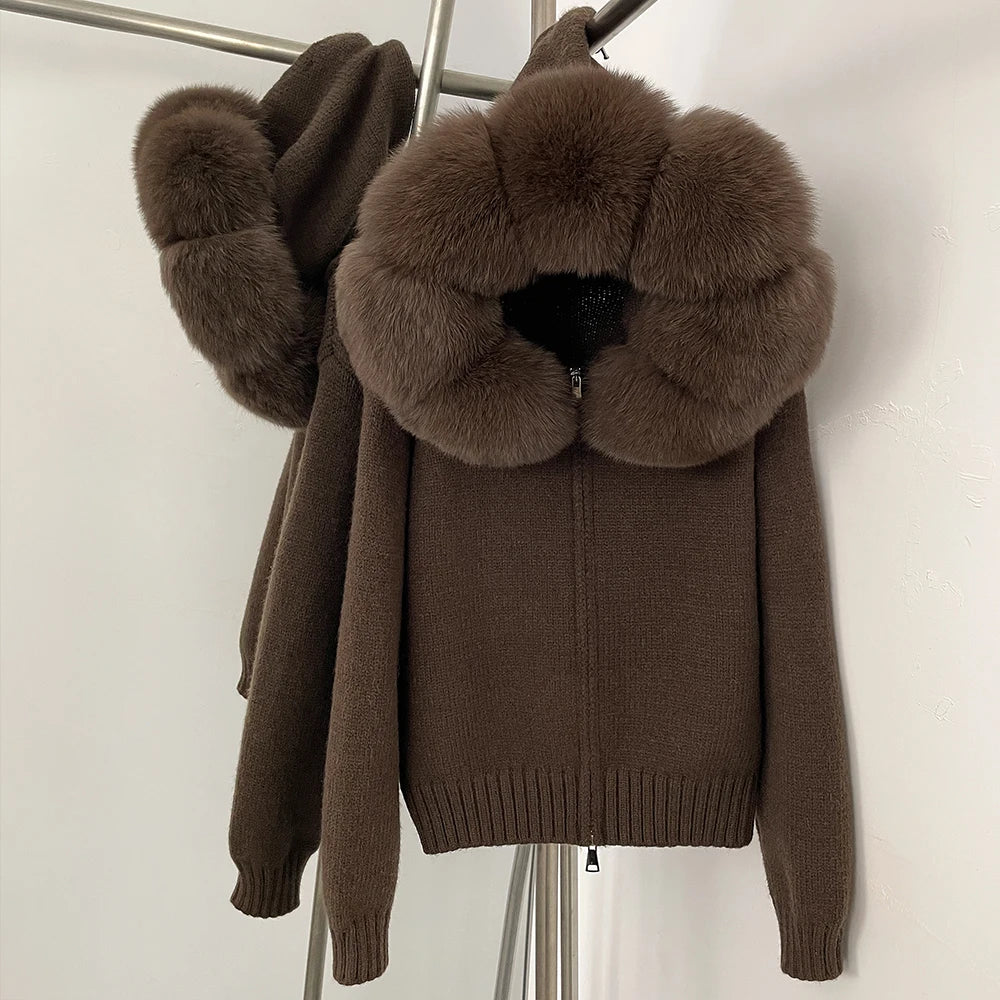 Knitwear Cardigan Women Spring Fashion Knitted Jacket Female Autumn Hooded Real Fox Fur Coat Natural Short Fur Coat Casual