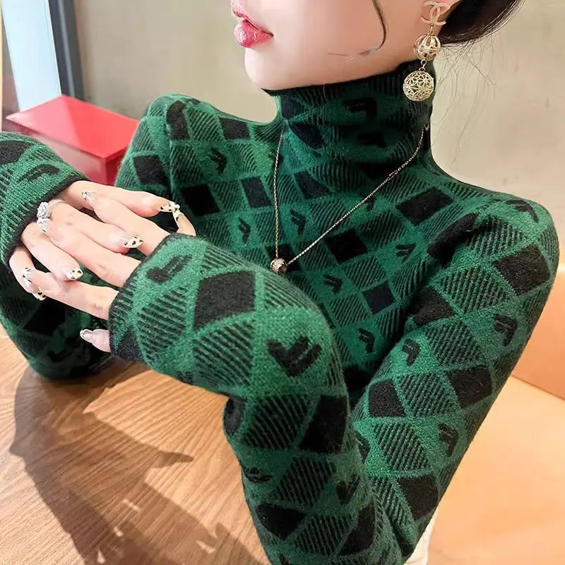 ChicAura Argyle Knit Turtleneck Pullover for Women