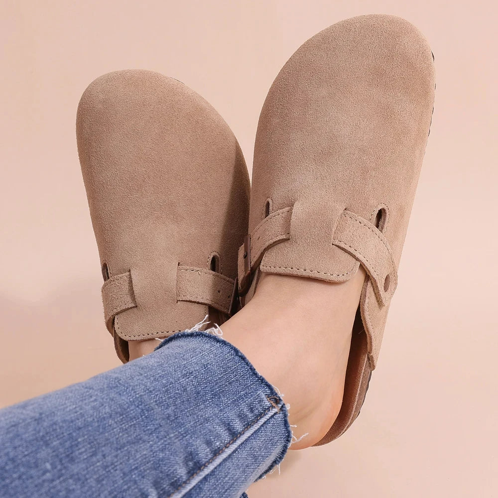 Crestar Women's Suede Clogs Leather Mules Cork Footbed Sandals Potato Shoes with Arch Support Fashion Leather Mules Shoes