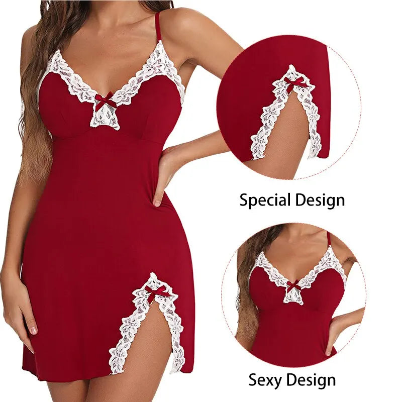 Sexy Lace Satin V-Neck Nightgown for Women – Sleeveless Sleepwear Mini Dress