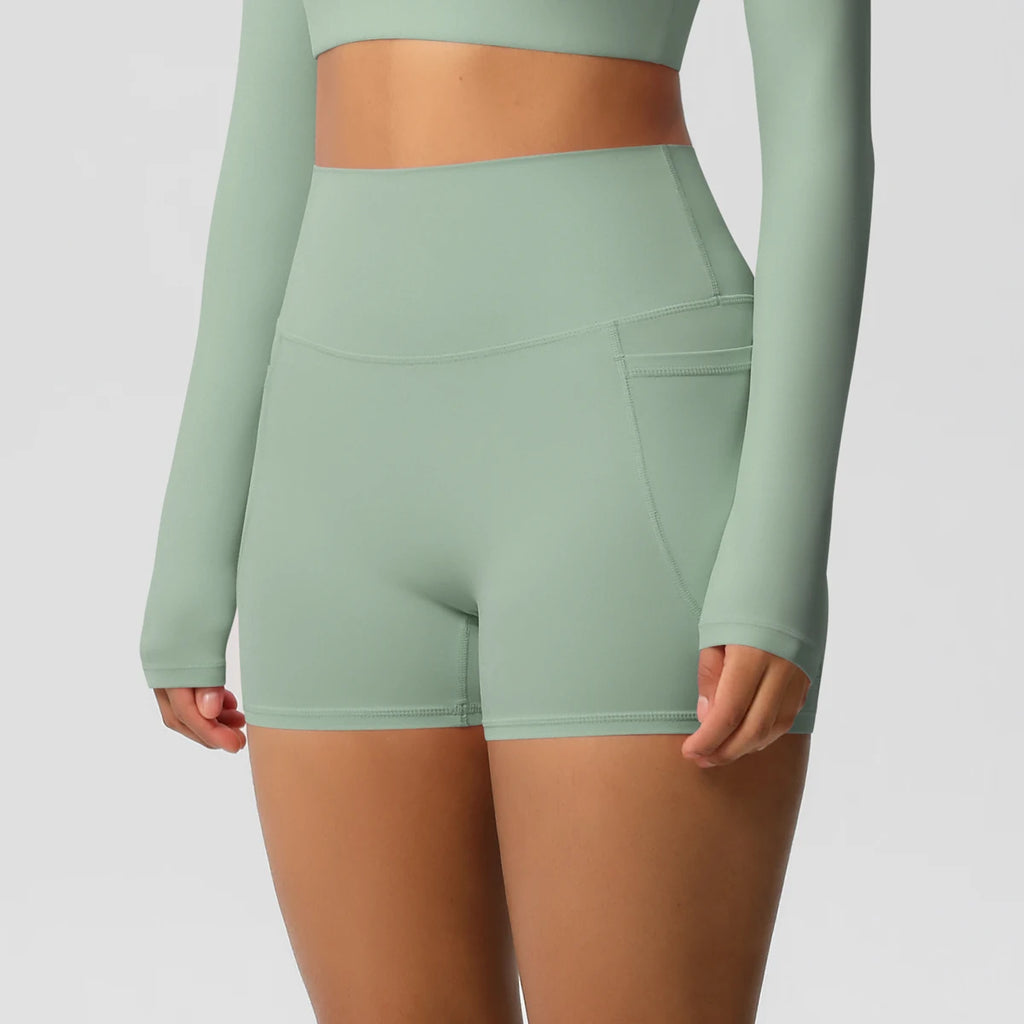 Rooftrellen High-Waist Pocketed Sports Shorts for Women – Quick-Dry Fitness Leggings