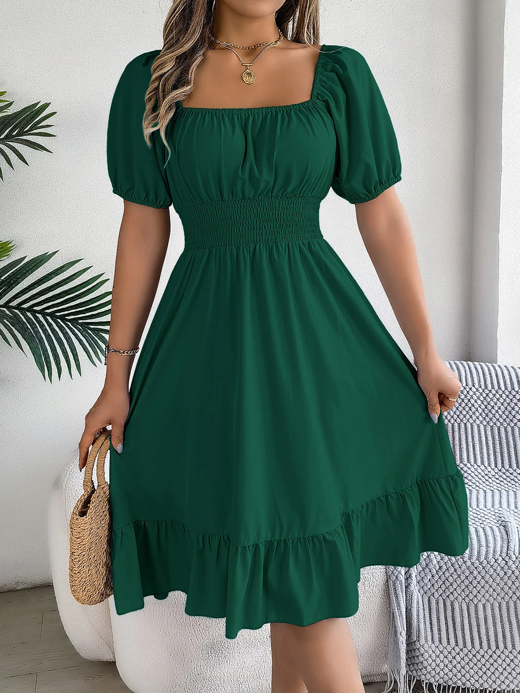 Spring and Summer Elegant High Waisted Dress Square Neck Short Sleeved Ruffled Edge Long Dresses for Women