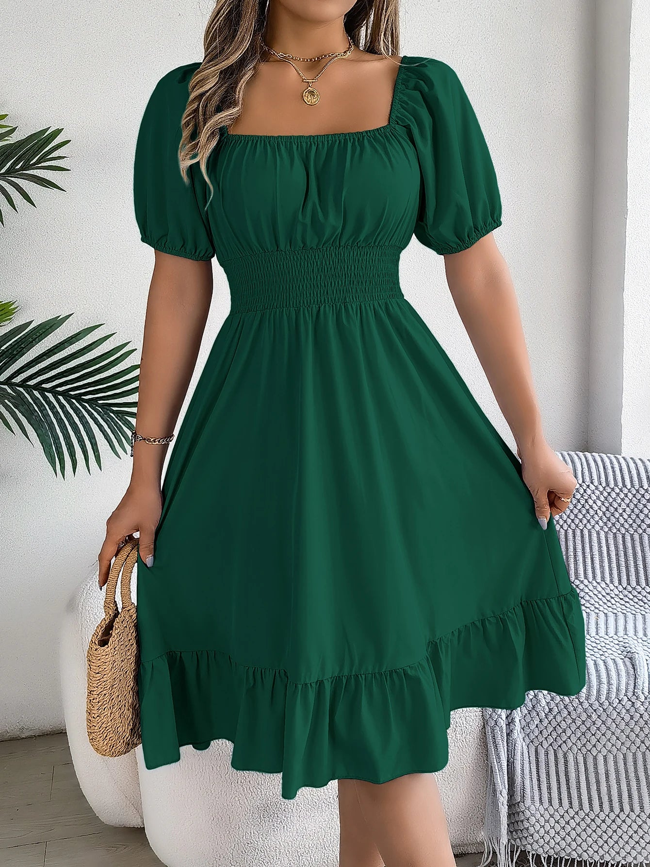 Spring and Summer Elegant High Waisted Dress Square Neck Short Sleeved Ruffled Edge Long Dresses for Women