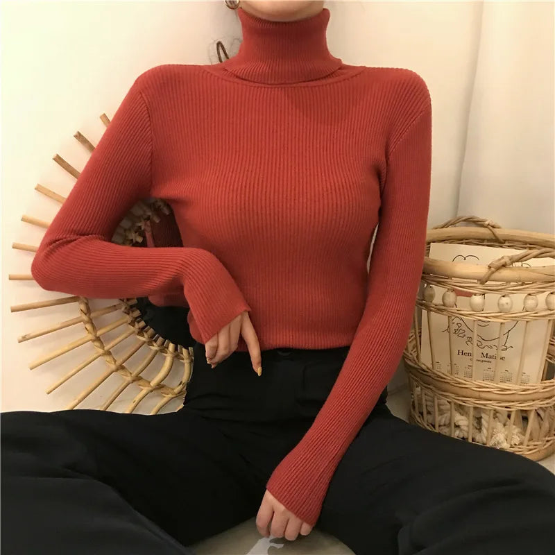 Women Heap Turtleneck Autumn Winter Sweater New Fashion Pullover Elastic Knit Ladies Jumper Casual Solid Soft Female Basic Tops