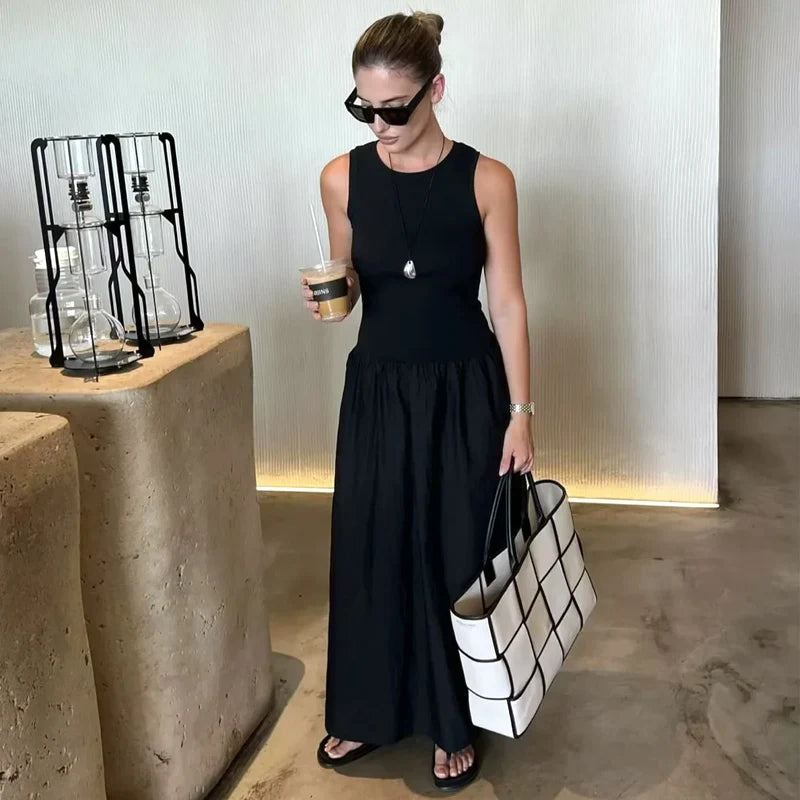 Women’s Sleeveless Patchwork Maxi Dress – Fit & Flare Ankle-Length Dress