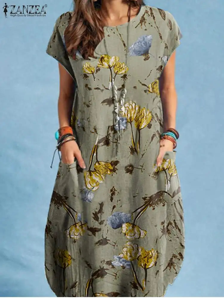 ZANZEA Women Summer Dress Bohemian Floral Print Vestido O-Neck Short Sleeve Pockets Sundress Fashion Casual Elegant Holiday Robe