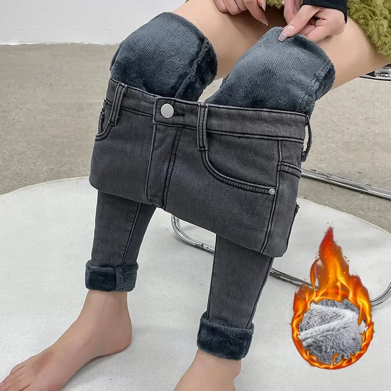 Women’s Winter Thermal Fleece Jeans – High Waist Warm Stretch Denim Pants
