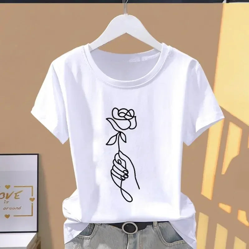 DAYUHU Casual Letter Print O-Neck Short Sleeve Tee for Women