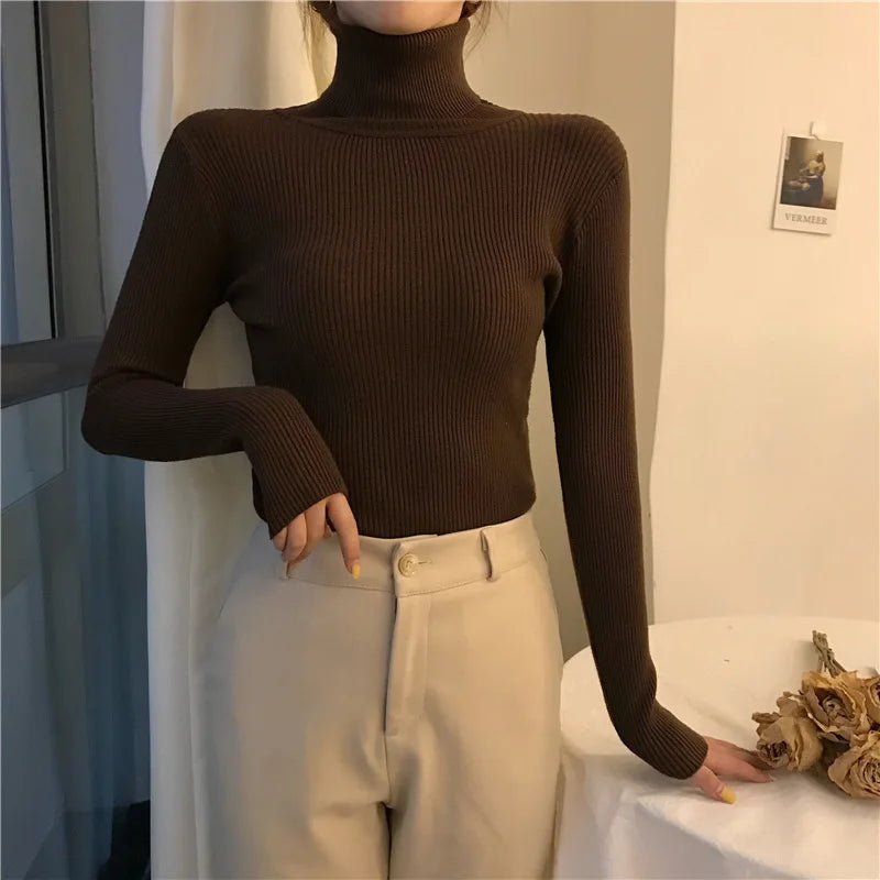 Women Heap Turtleneck Autumn Winter Sweater New Fashion Pullover Elastic Knit Ladies Jumper Casual Solid Soft Female Basic Tops