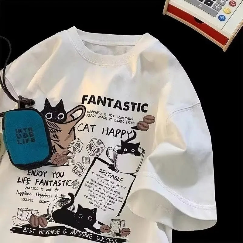 NoEnName_Null American Retro Cartoon Print Short Sleeve Tee – Summer Casual Loose Fit Top