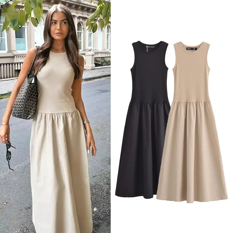 Women’s Sleeveless Patchwork Maxi Dress – Fit & Flare Ankle-Length Dress