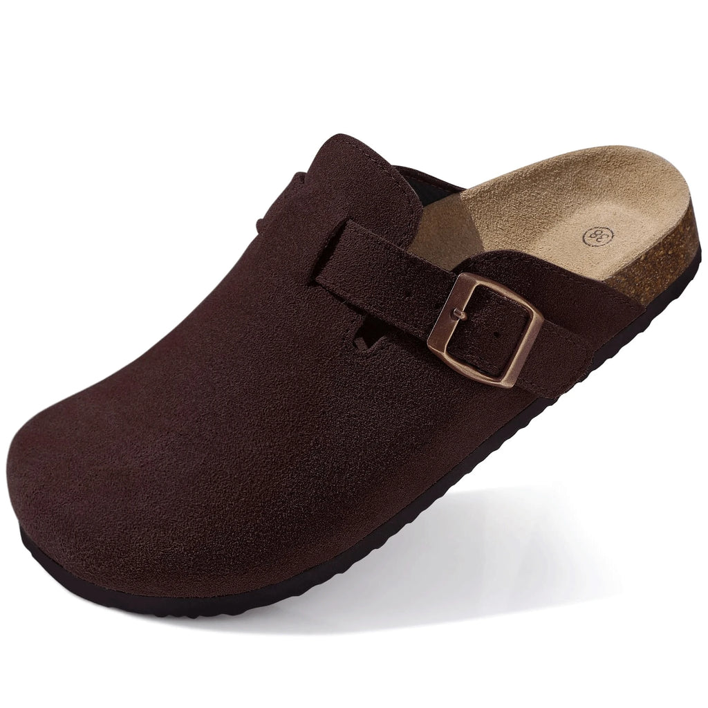 Crestar Women's Suede Clogs Leather Mules Cork Footbed Sandals Potato Shoes with Arch Support Fashion Leather Mules Shoes
