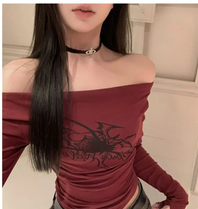 PAVEHAWK Y2K Off-Shoulder Letter Print Crop Top