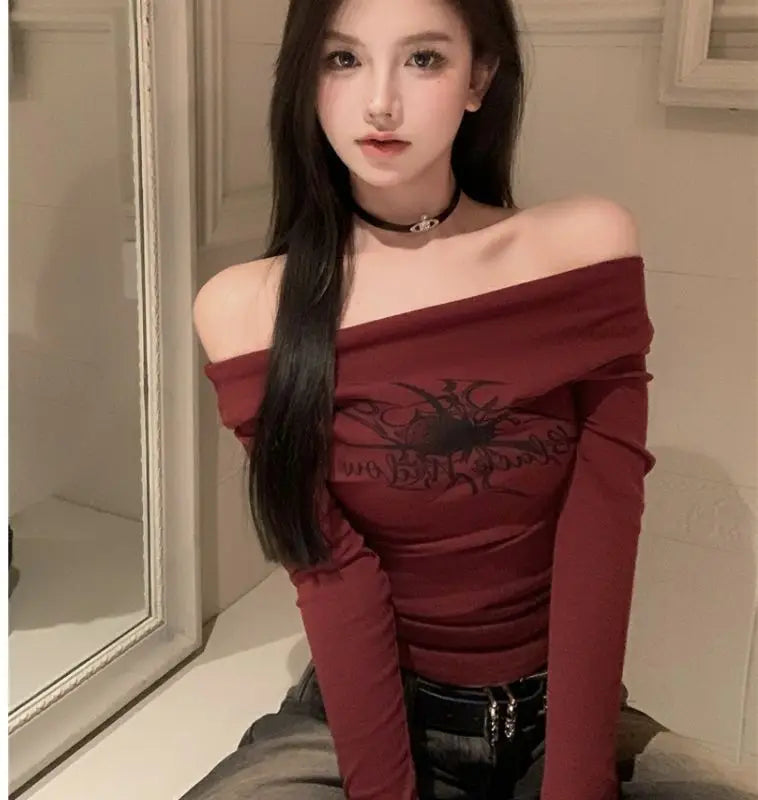PAVEHAWK Y2K Off-Shoulder Letter Print Crop Top