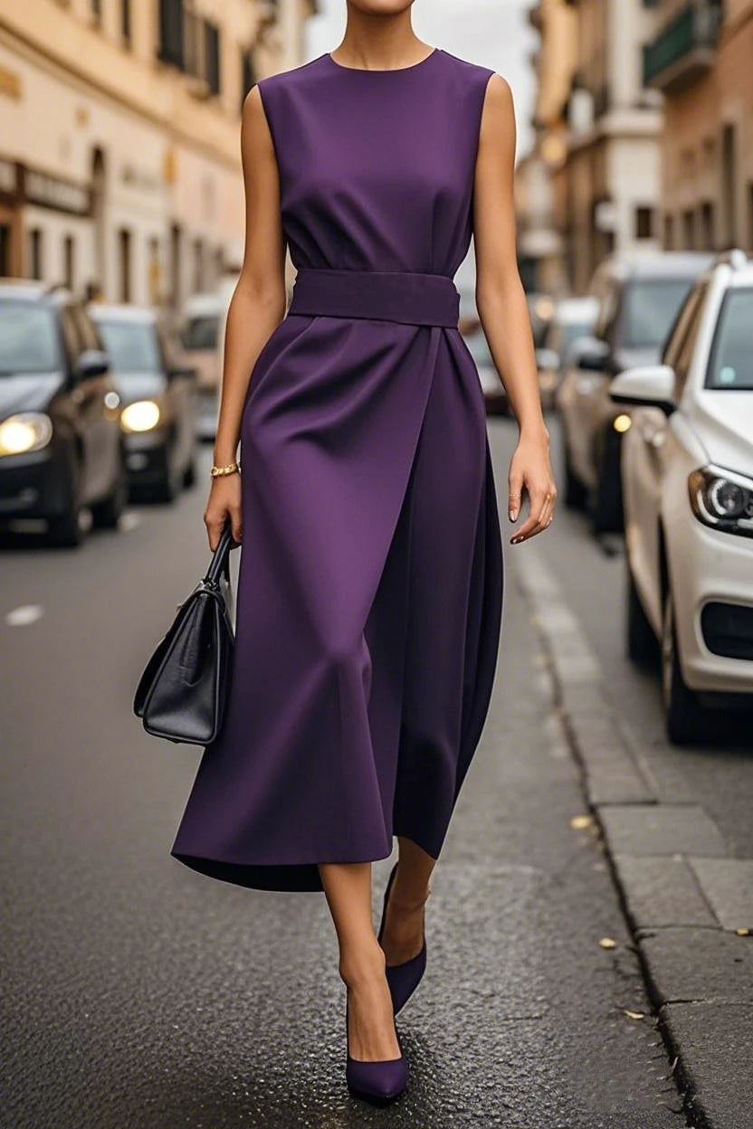 Fashion Casual Long Dress Female Sleeveless O-neck Solid Color Waist-closing Women Dresses Elegant Office Ladies Dresses Summer