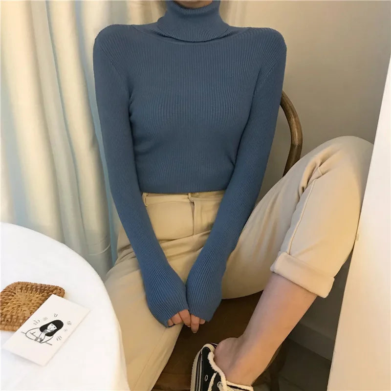 Women Heap Turtleneck Autumn Winter Sweater New Fashion Pullover Elastic Knit Ladies Jumper Casual Solid Soft Female Basic Tops