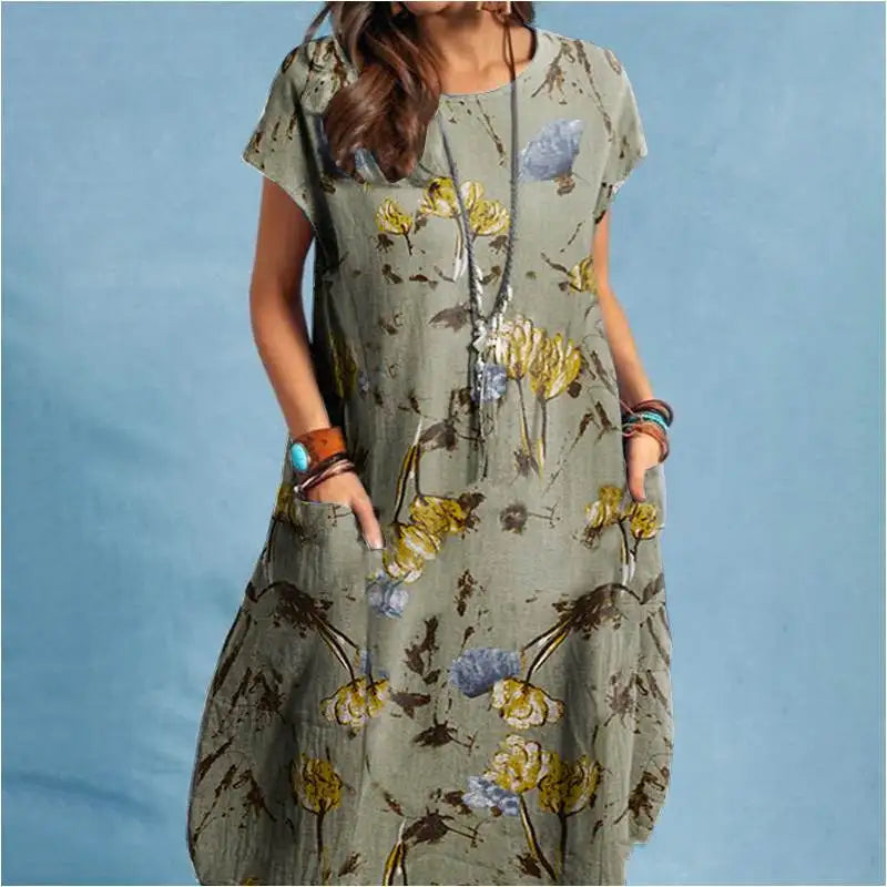 ZANZEA Women Summer Dress Bohemian Floral Print Vestido O-Neck Short Sleeve Pockets Sundress Fashion Casual Elegant Holiday Robe