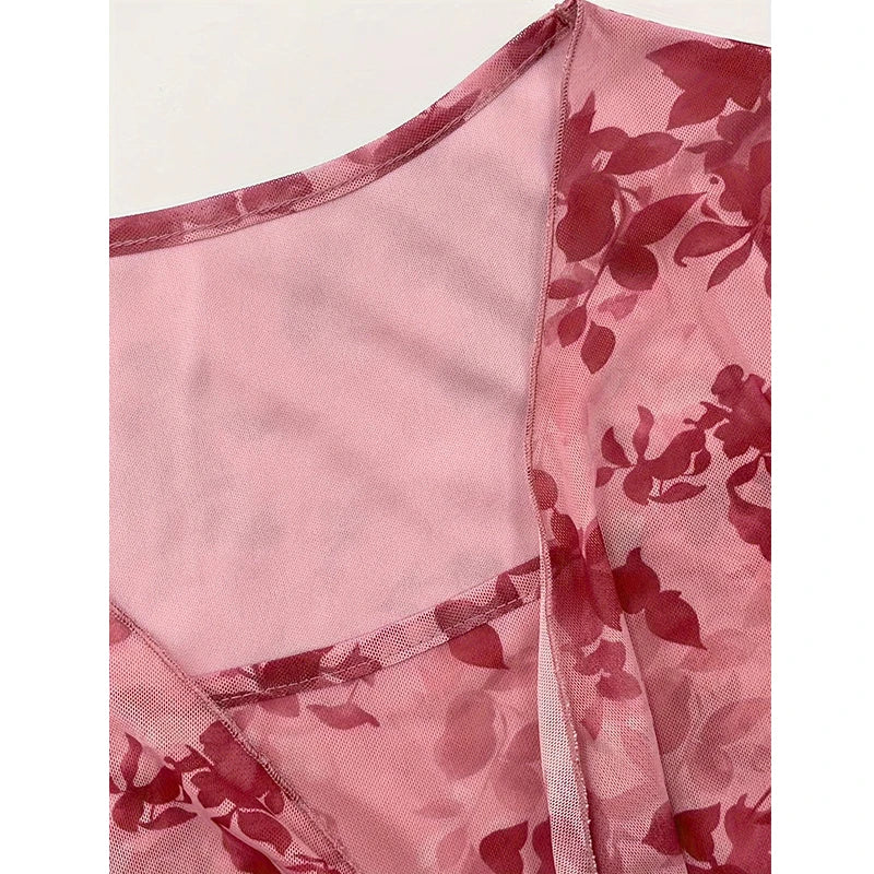 Summer Women's Y2k Floral Printed Sweet V-Neck T-shirts Mesh Beach Party Dress Top Flare Sleeve Square Collar Lace Up Shirt 2026