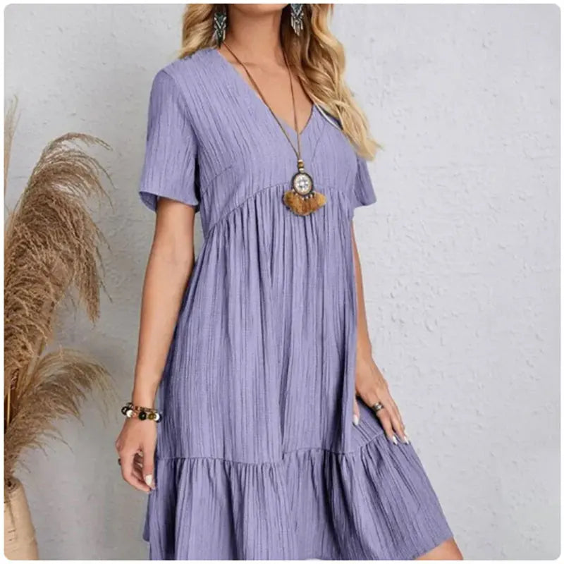 Mooyufon Summer Peplum Dress – V-Neck Short Sleeve Loose Fit Flare Dress