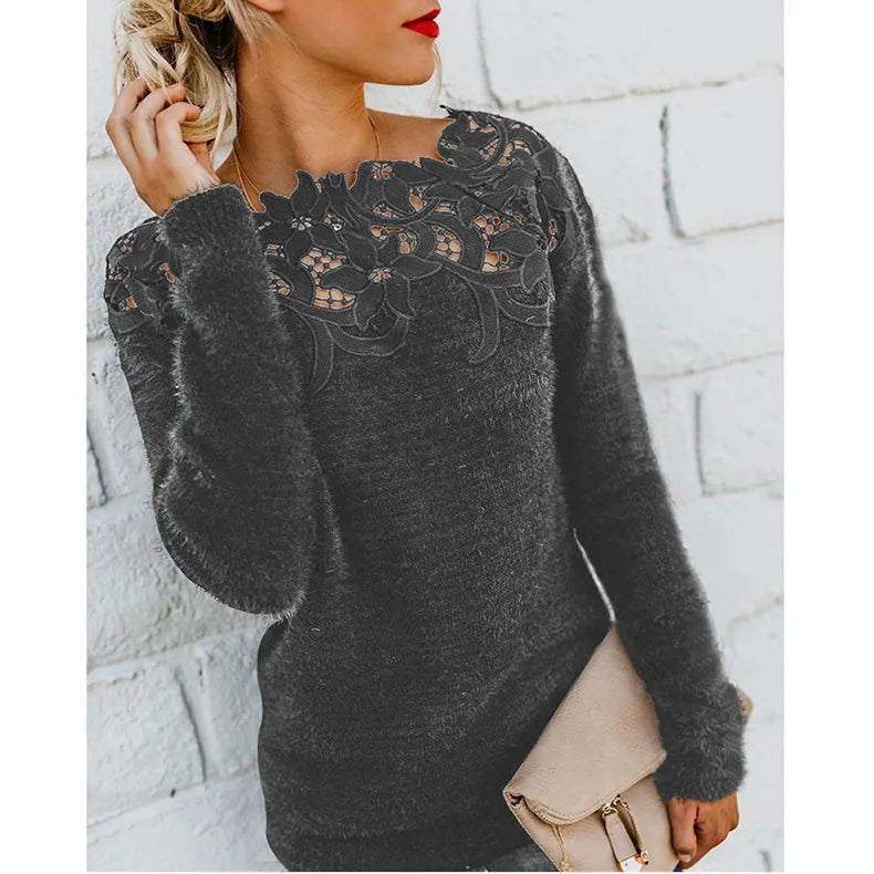 CALMEANNY Lace-Trim Loose Office Blouse for Women