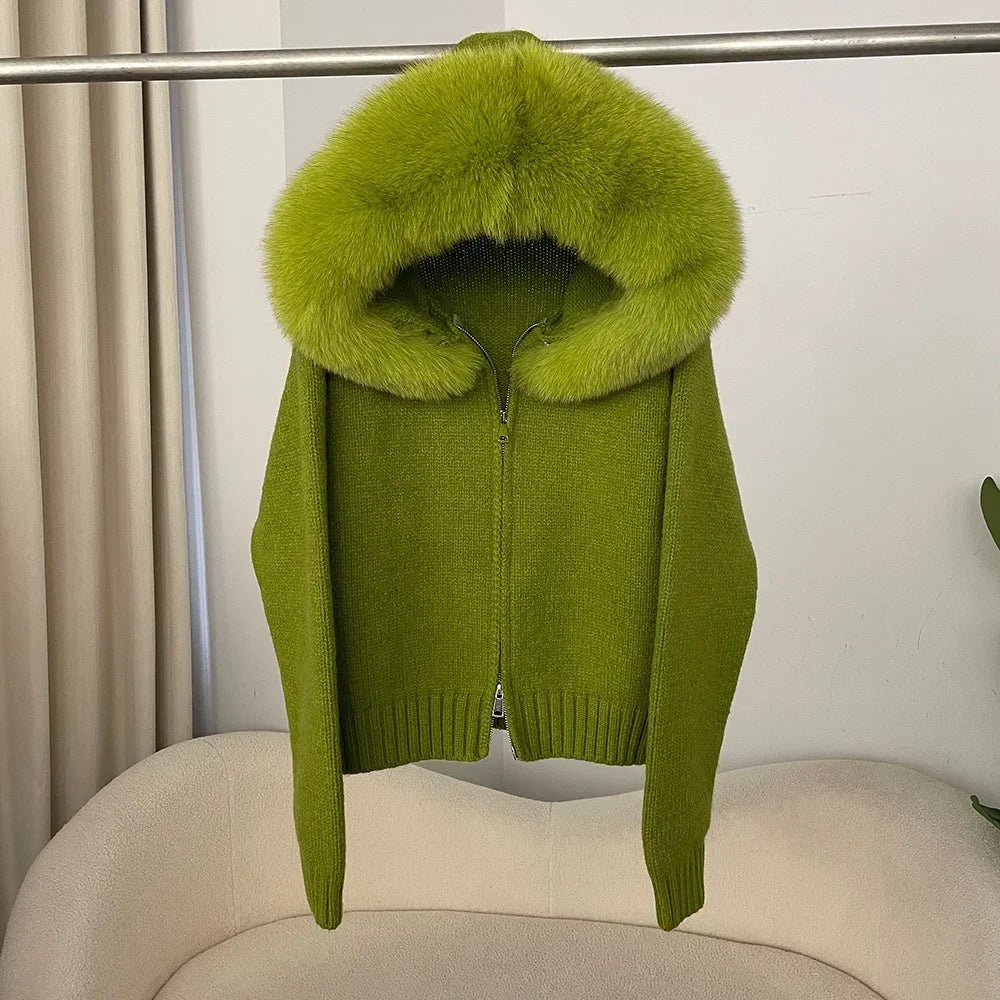 Knitwear Cardigan Women Spring Fashion Knitted Jacket Female Autumn Hooded Real Fox Fur Coat Natural Short Fur Coat Casual