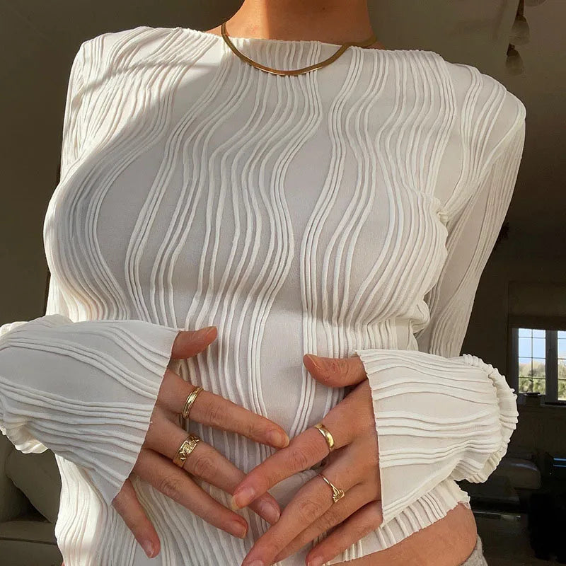Woman Fashion Casual Ruched Long Sleeve T-shirt Blouses Female White Skinny Cropped Bottoming Shirt 2026 Autumn Y2K Top Clothes