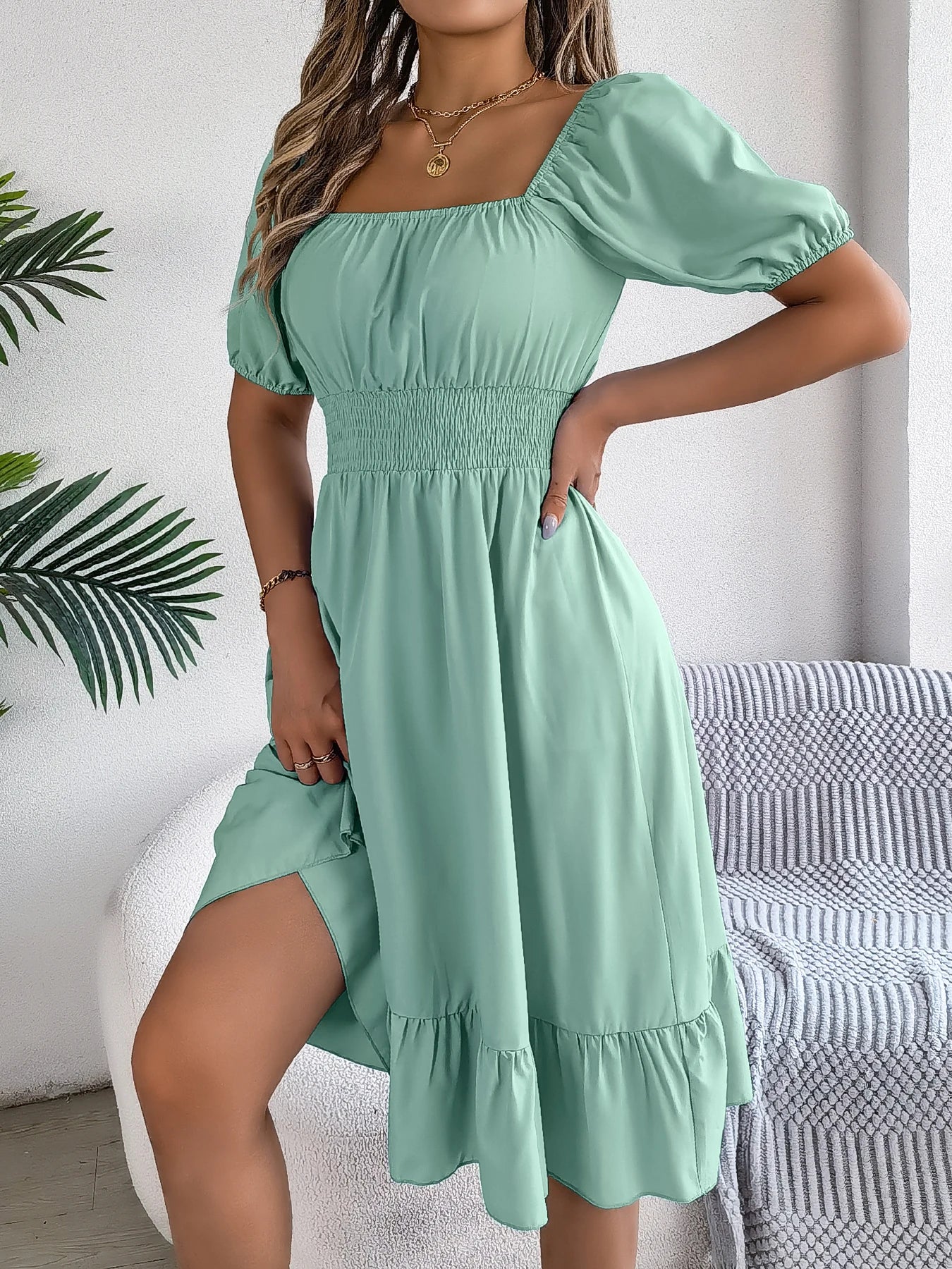 Spring and Summer Elegant High Waisted Dress Square Neck Short Sleeved Ruffled Edge Long Dresses for Women