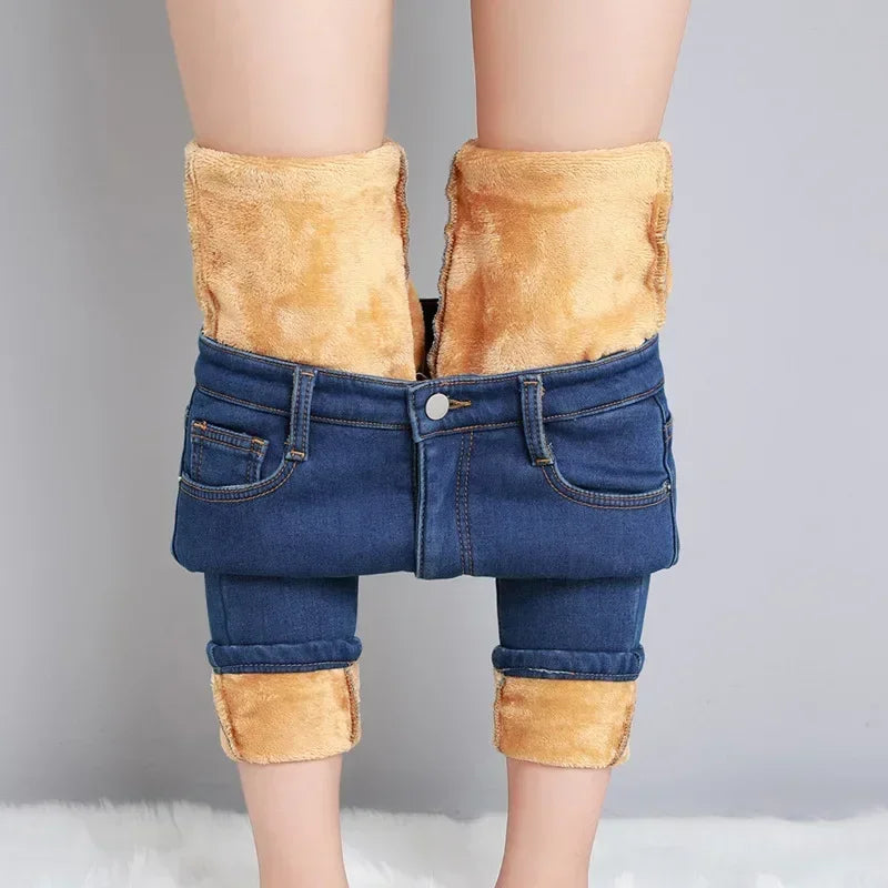 Women’s Winter Thermal Fleece Jeans – High Waist Warm Stretch Denim Pants