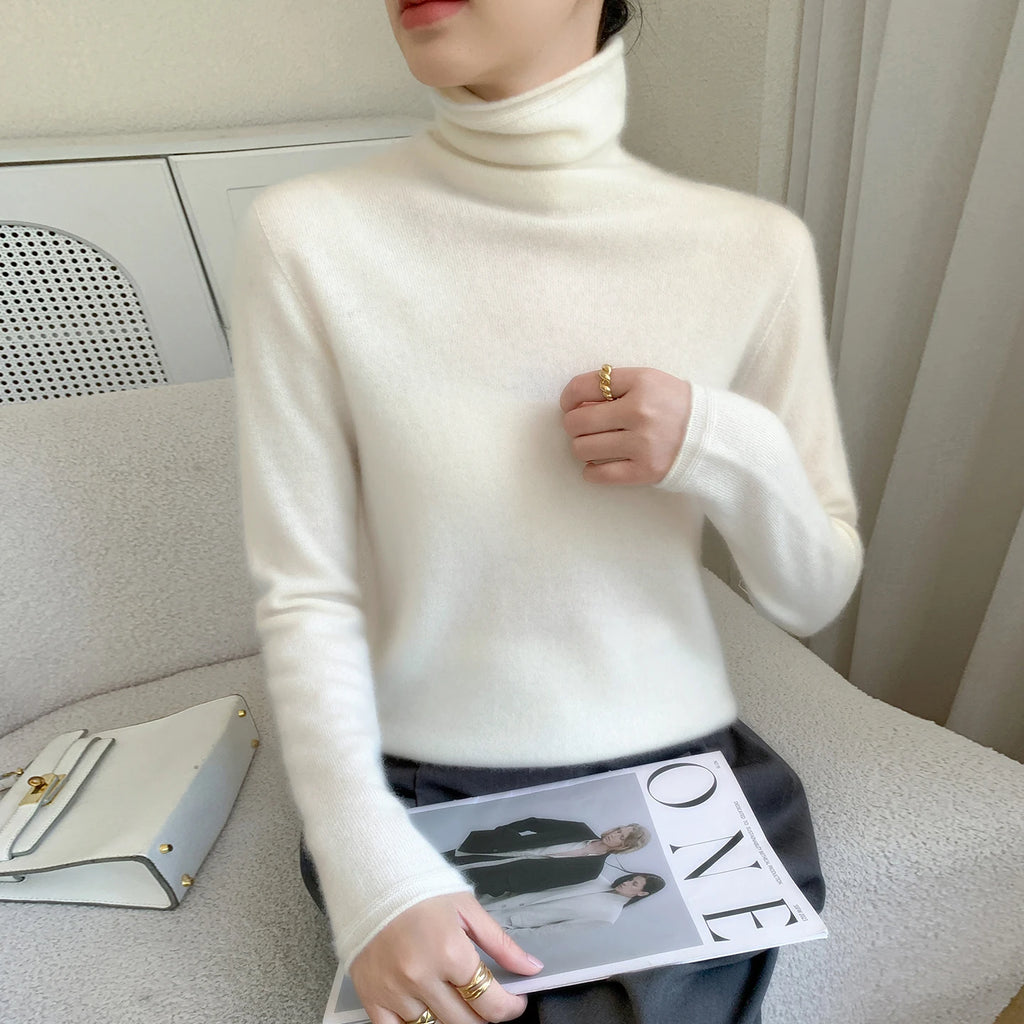 Autumn/Winter Women's 100% Pure Cashmere Sweater Casual Knit Pullover Turtleneck Slim Fit Tops Basic Pile Collar Jumper Female