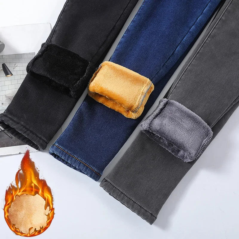 Women’s Winter Thermal Fleece Jeans – High Waist Warm Stretch Denim Pants