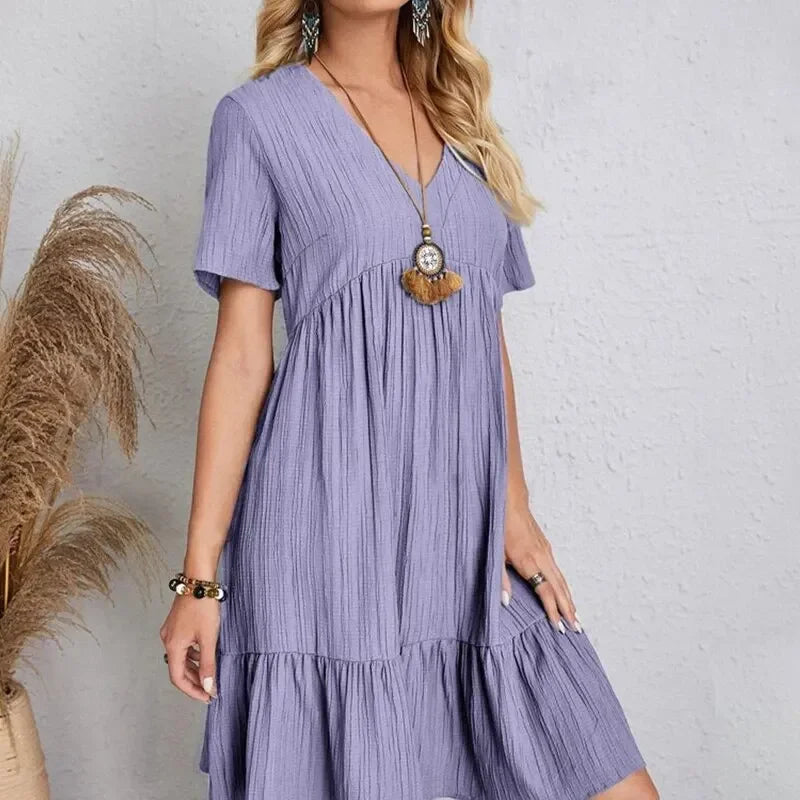 Mooyufon Summer Peplum Dress – V-Neck Short Sleeve Loose Fit Flare Dress