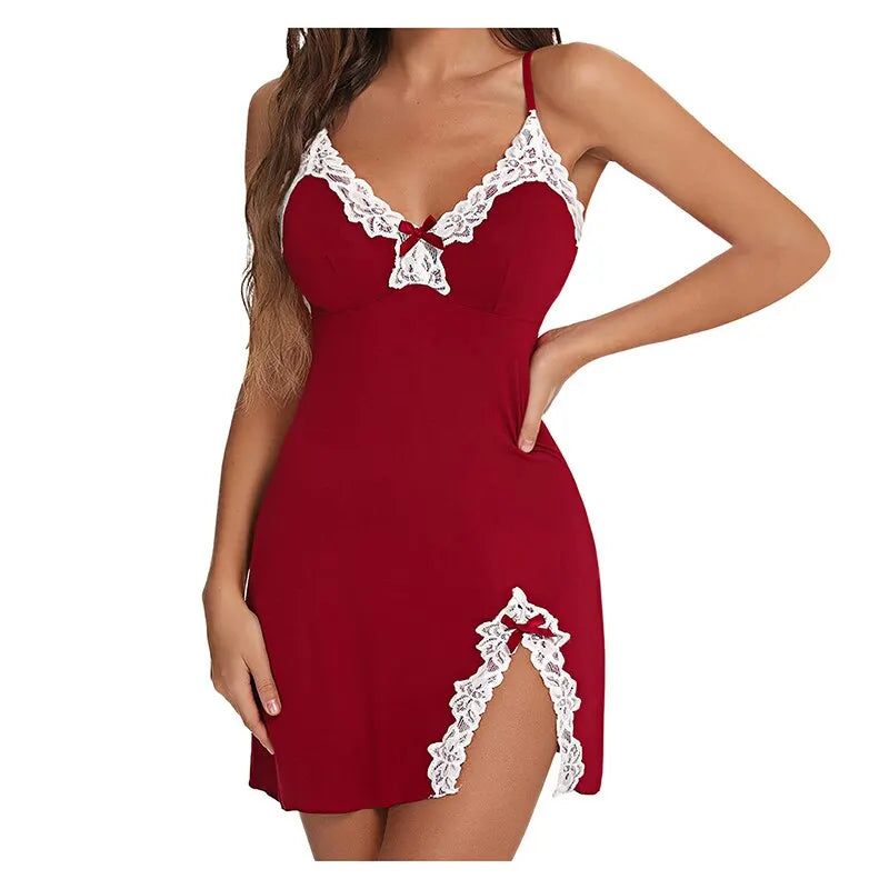 Sexy Lace Satin V-Neck Nightgown for Women – Sleeveless Sleepwear Mini Dress