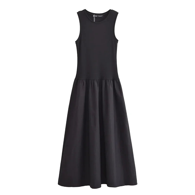 Women’s Sleeveless Patchwork Maxi Dress – Fit & Flare Ankle-Length Dress