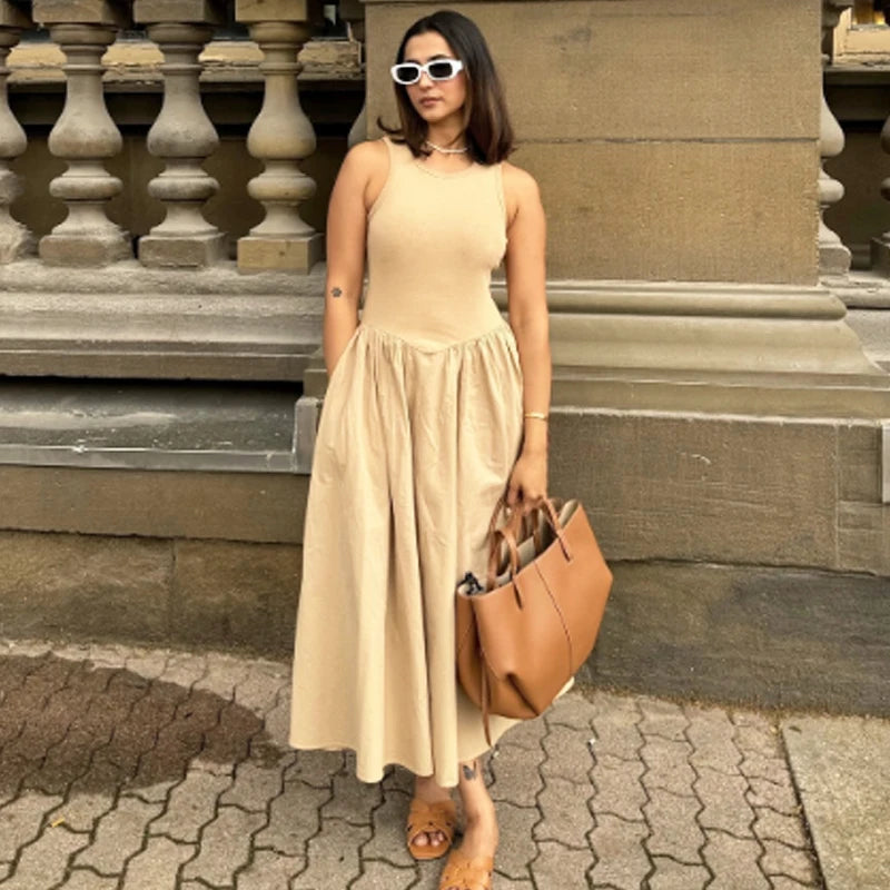 Women’s Sleeveless Patchwork Maxi Dress – Fit & Flare Ankle-Length Dress