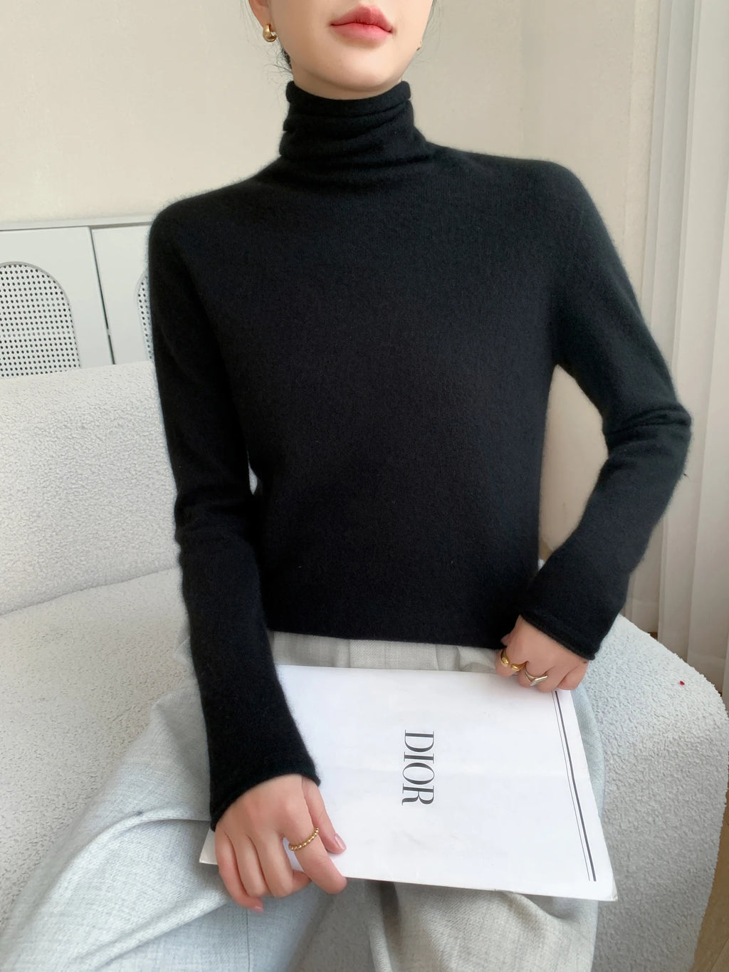 Autumn/Winter Women's 100% Pure Cashmere Sweater Casual Knit Pullover Turtleneck Slim Fit Tops Basic Pile Collar Jumper Female