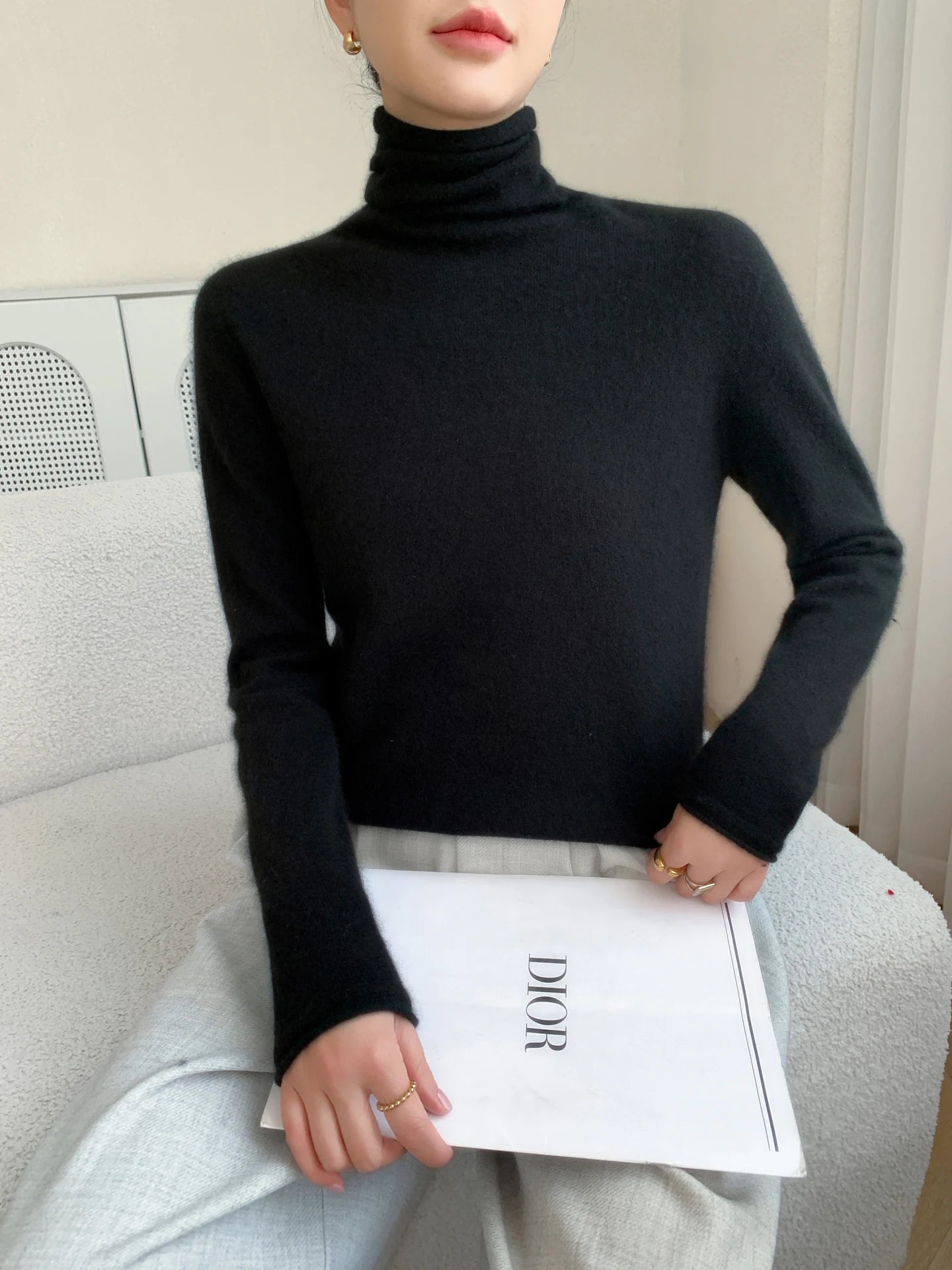 Autumn/Winter Women's 100% Pure Cashmere Sweater Casual Knit Pullover Turtleneck Slim Fit Tops Basic Pile Collar Jumper Female