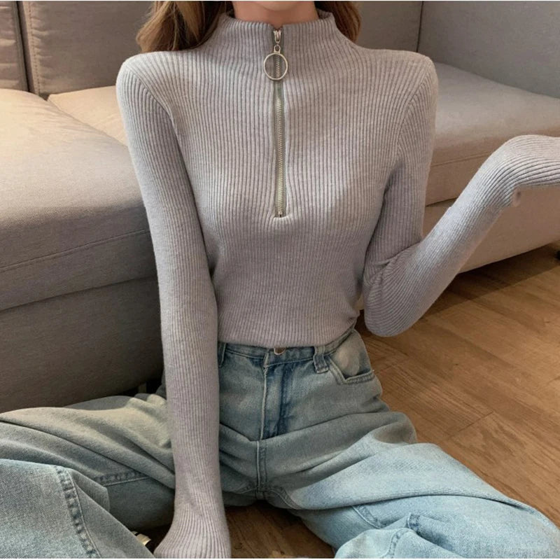 AOSSVIAO Casual Half-High Collar Zipper Sweater